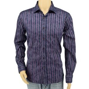 V-one Studio Men's XL (52) Navy Blue Pink Satin Stripe Paisley Jacquard Shirt